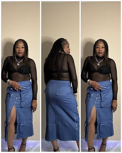 Denim Zipper Cargo Maxi Skirt