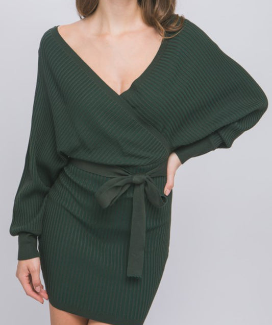 Faux Wrap Sweater Dress - Green