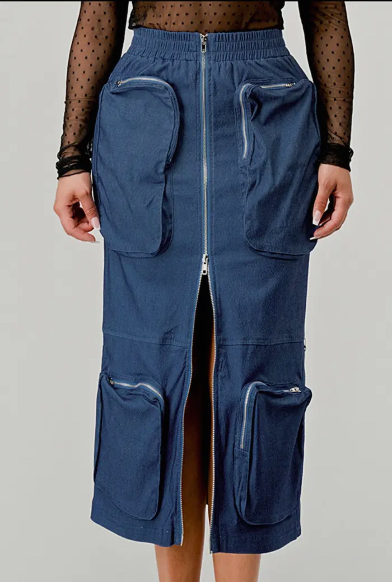 Denim Zipper Cargo Maxi Skirt