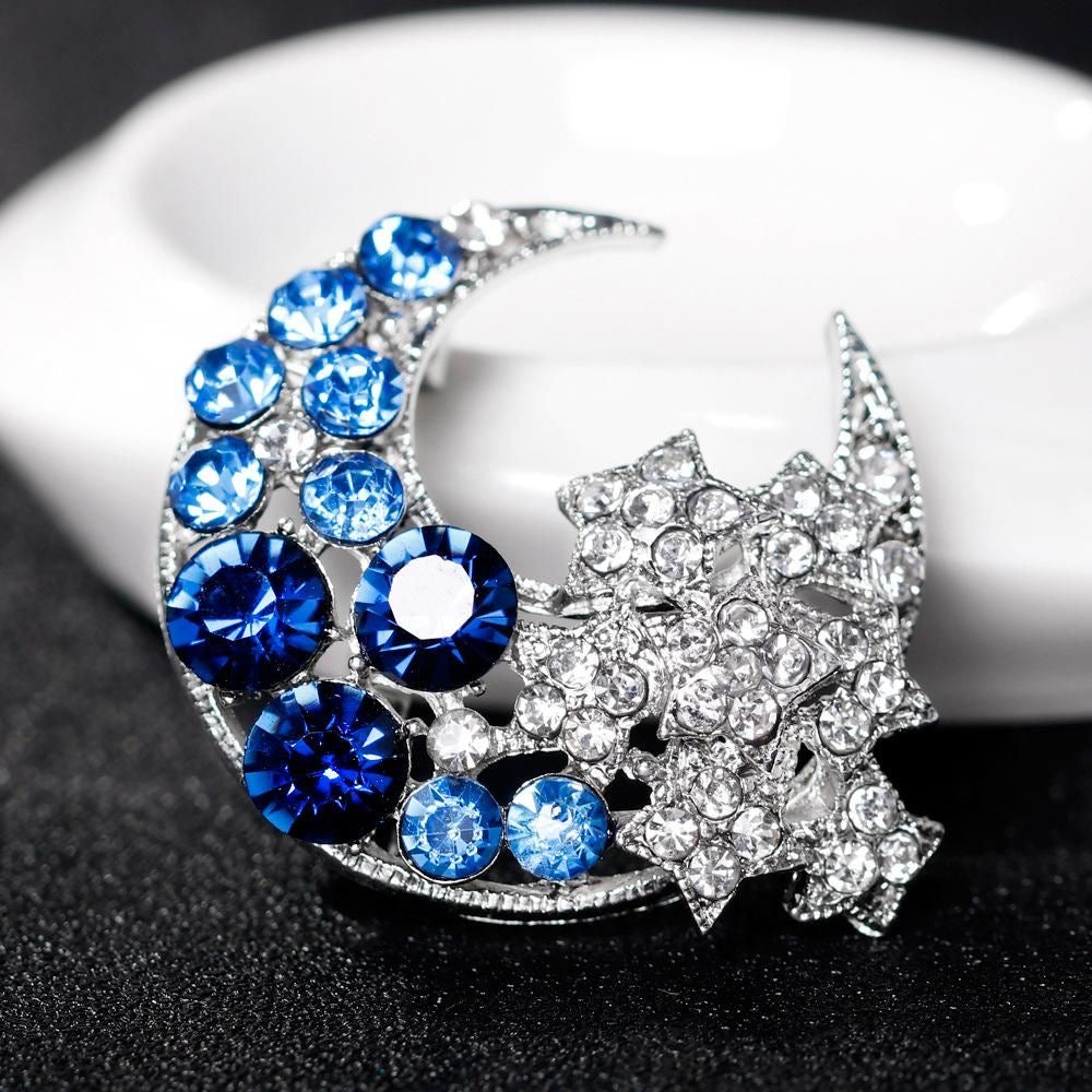 Star Moon Rhinestone Brooch