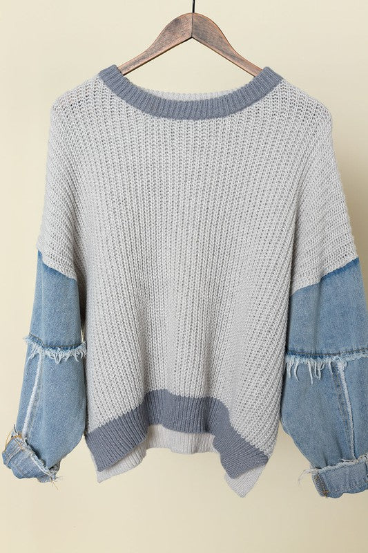 Denim Sleeve Sweater Exquisite Pink Boutique